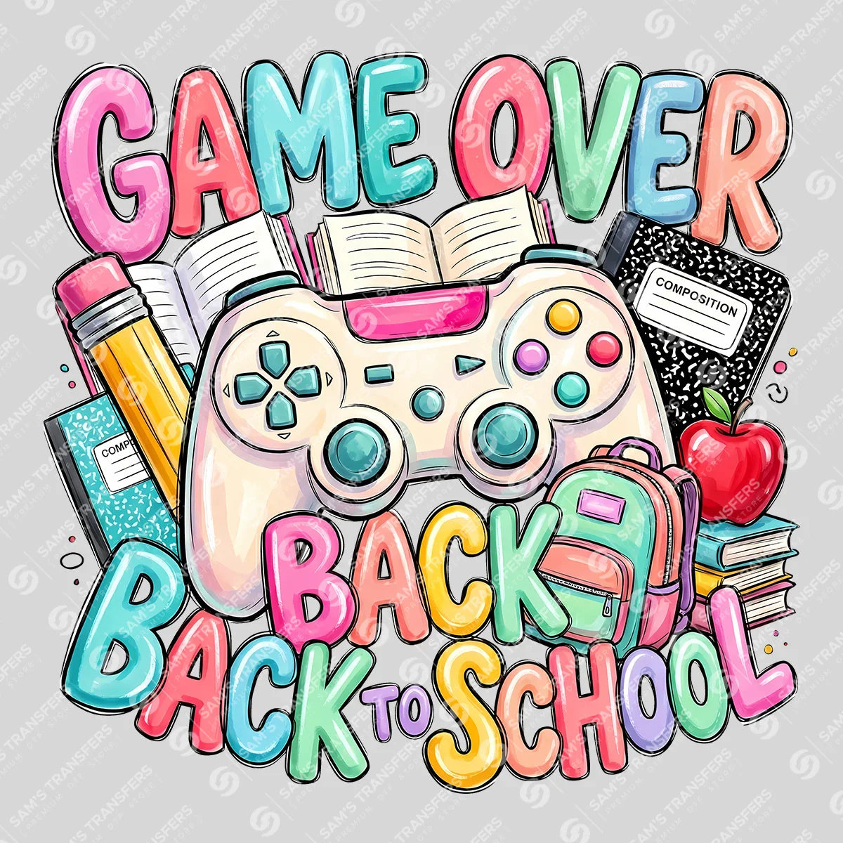 Apparel featuring a Game Over Back to School-themed DTF transfer.