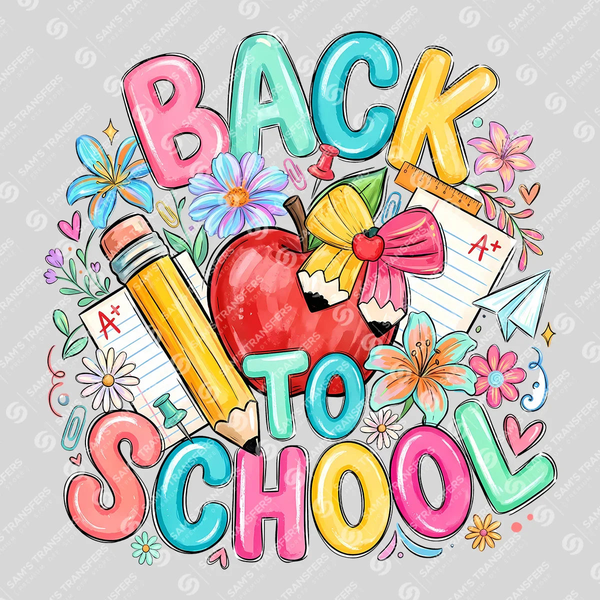 Apparel featuring a Back to School Apple-themed DTF transfer.