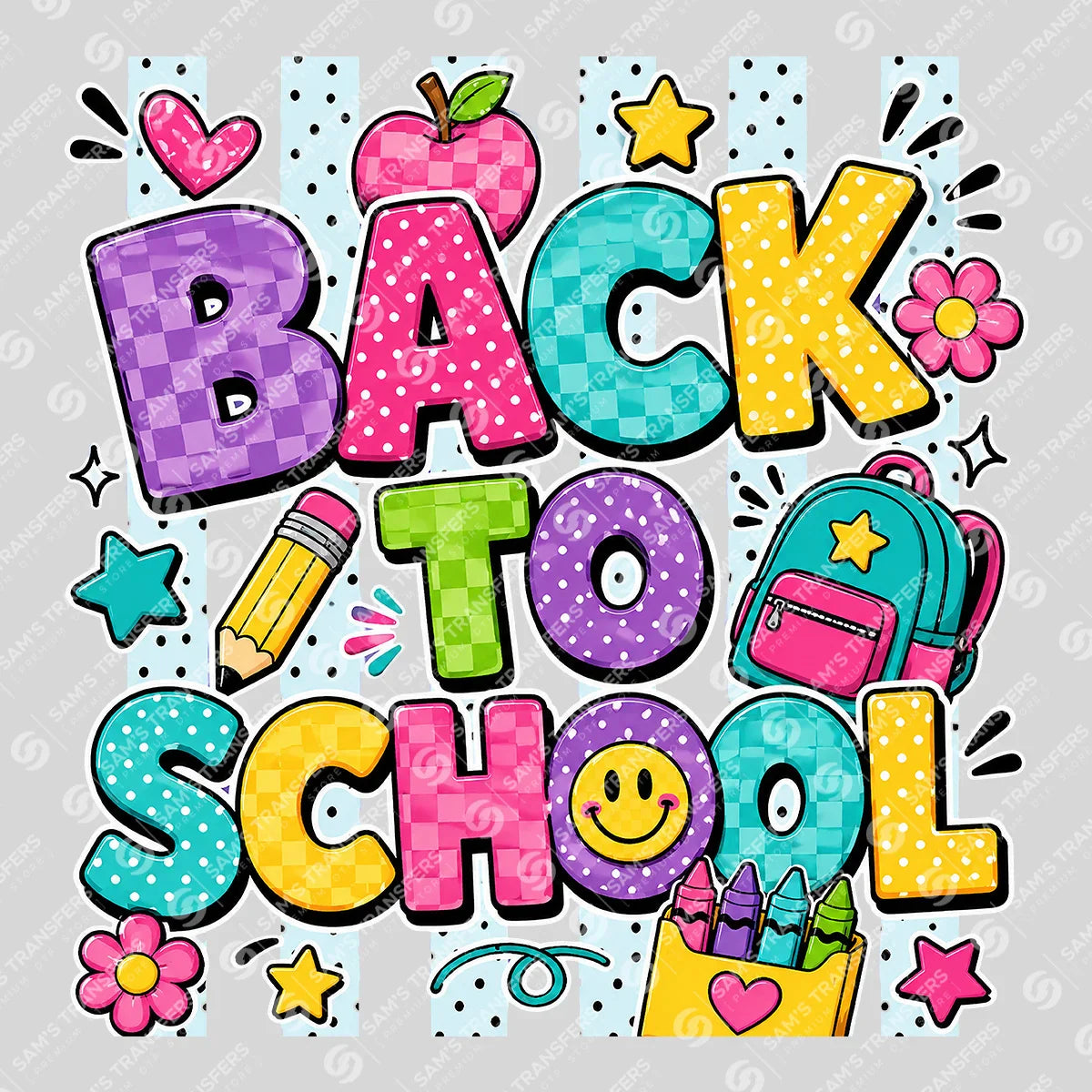Apparel featuring a Back to School Dots-themed DTF transfer.