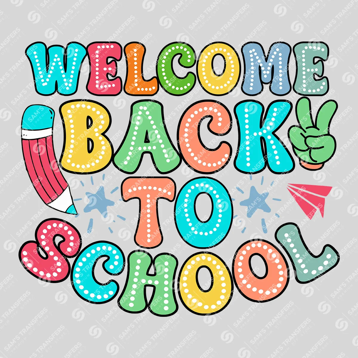 Apparel featuring a Welcome Back to School Dots-themed DTF transfer.