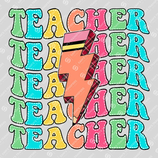 Apparel featuring a Teacher Lightning Bolt-themed DTF transfer.