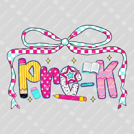 Apparel featuring a Pre-K Checkered Bow-themed DTF transfer.