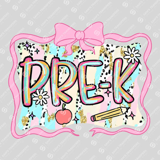 Apparel featuring a Pre-K Pink Bow-themed DTF transfer.