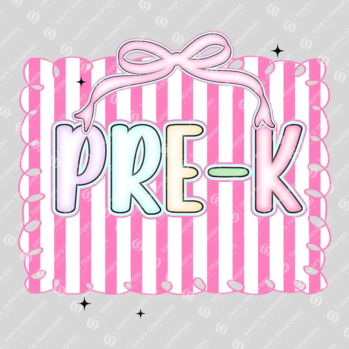 Apparel featuring a Pre-K Pastel-themed DTF transfer.