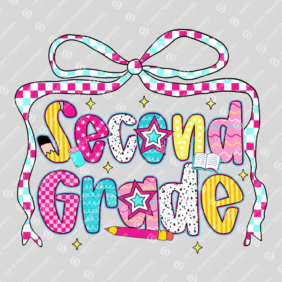 Apparel featuring a Second Grade Checkered Bow-themed DTF transfer.