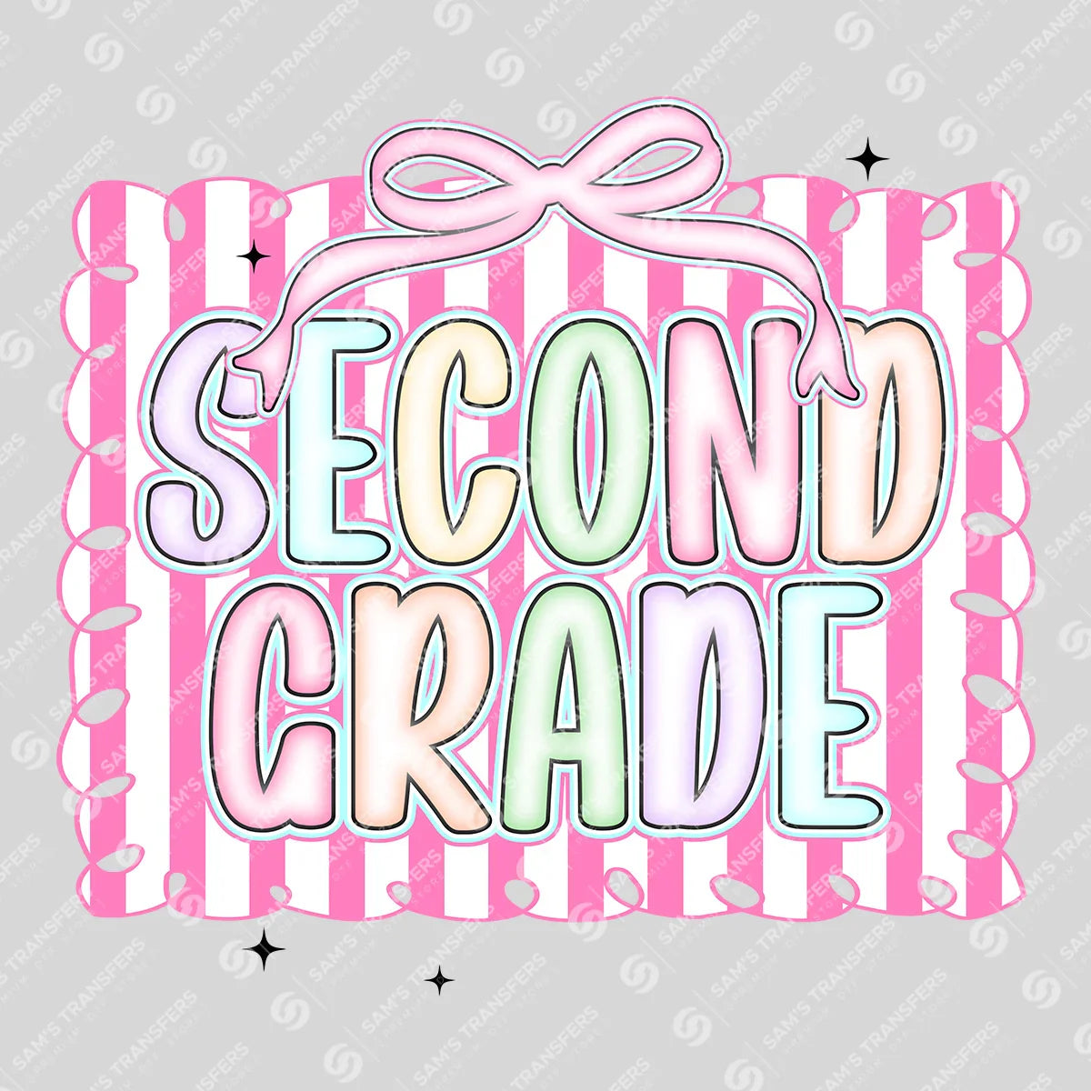 Apparel featuring a Second Grade Pastel-themed DTF transfer.