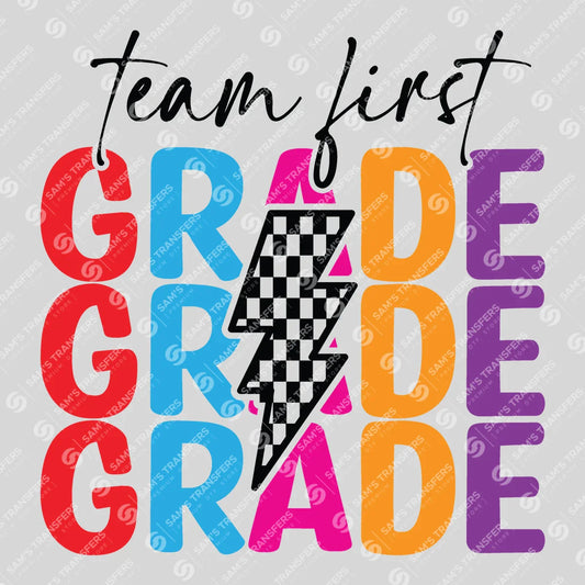 Apparel featuring a Team First Grade Bolt-themed DTF transfer.