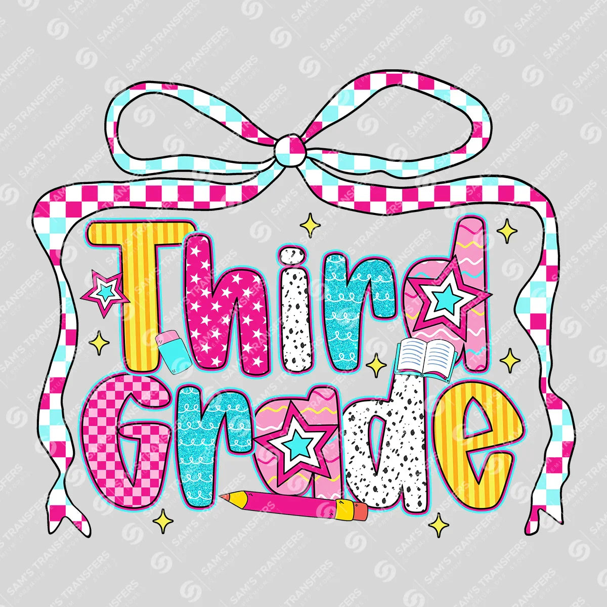 Apparel featuring a Third Grade Checkered Bow-themed DTF transfer.