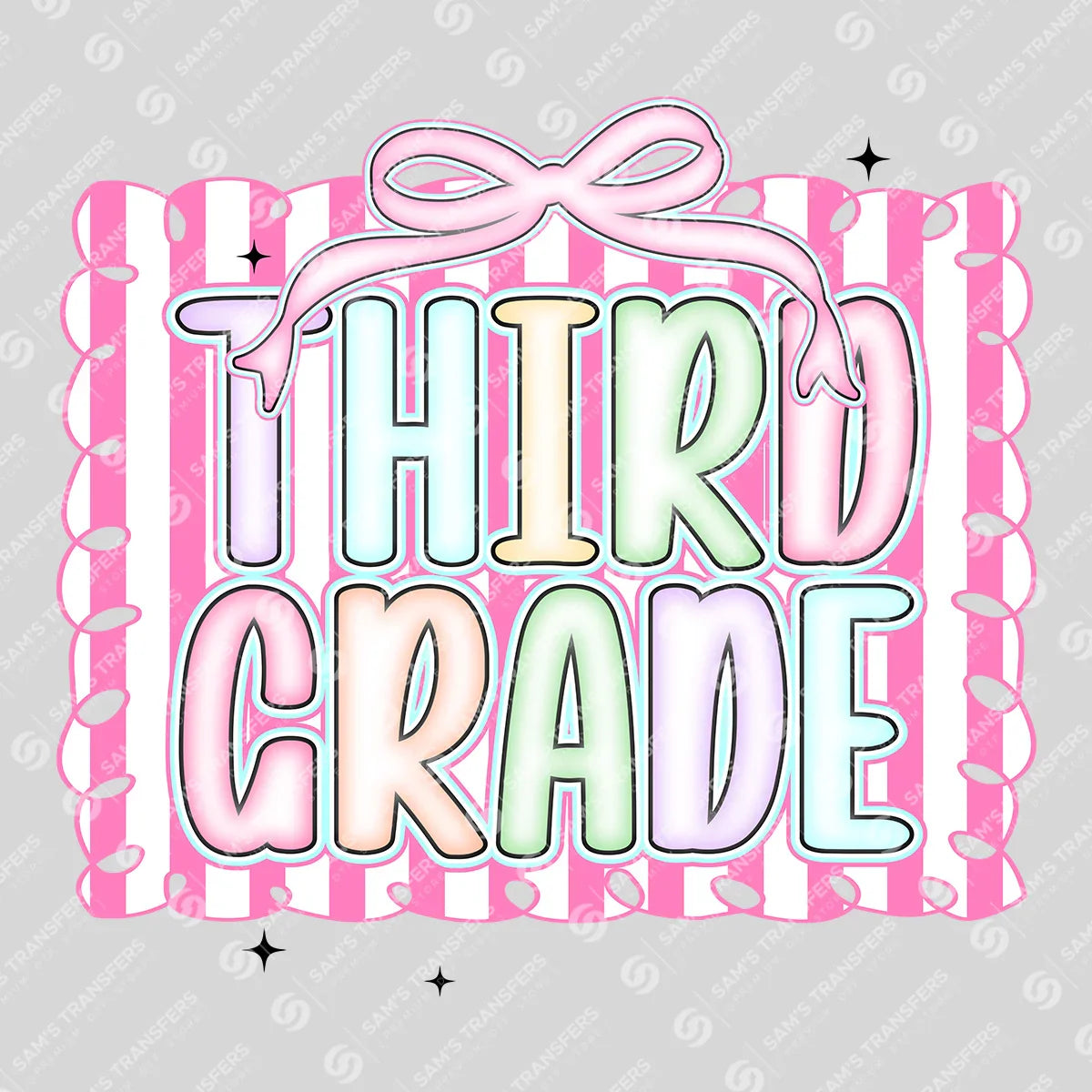 Apparel featuring a Third Grade Pastel-themed DTF transfer.