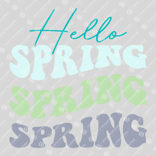 Apparel featuring a Hello Spring-themed DTF transfer.
