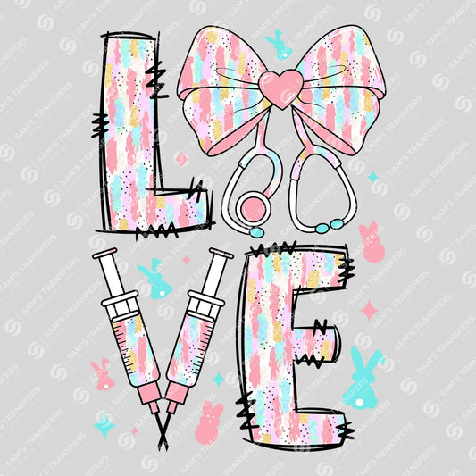 Apparel featuring a Easter Nurse Love-themed DTF transfer.