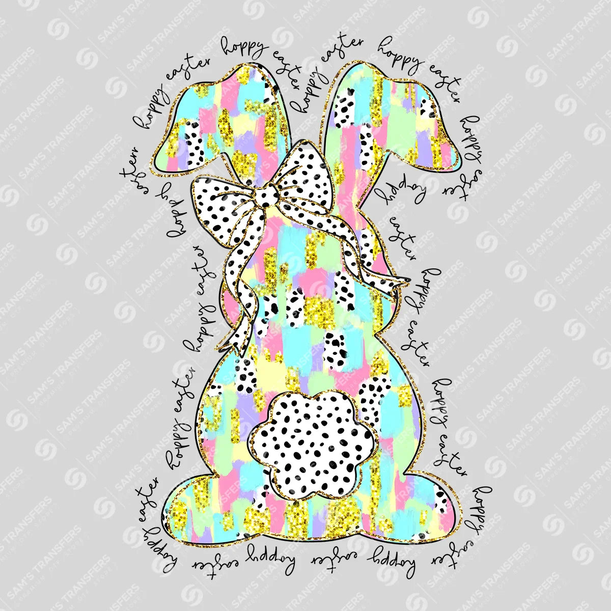 Apparel featuring a Happy Easter Bunny-themed DTF transfer.