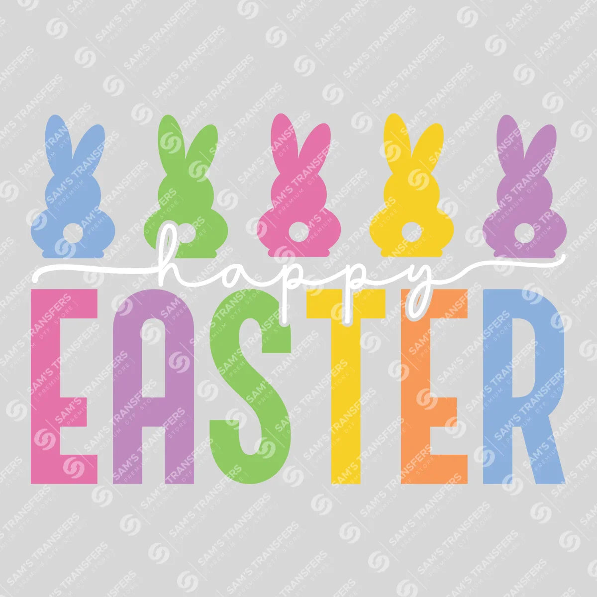 Apparel featuring a Happy Easter Bunnies-themed DTF transfer.