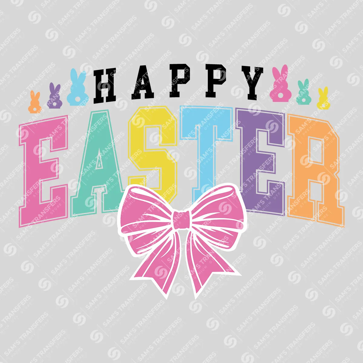 Apparel featuring a Happy Easter Bow-themed DTF transfer.