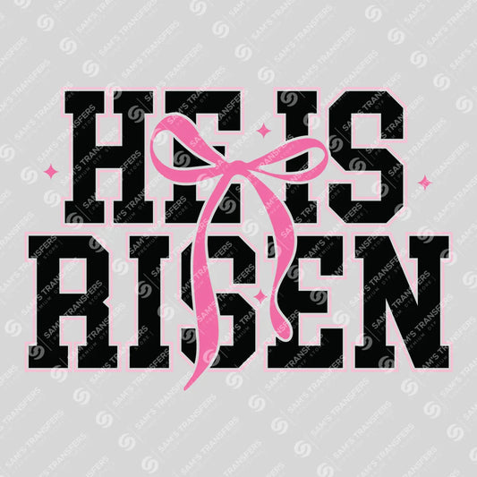 Apparel featuring a He Is Risen Bow-themed DTF transfer.