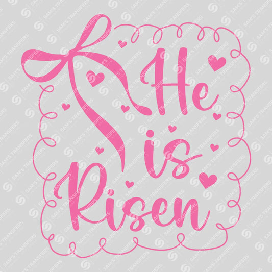 Apparel featuring a He Is Risen Hearts-themed DTF transfer.