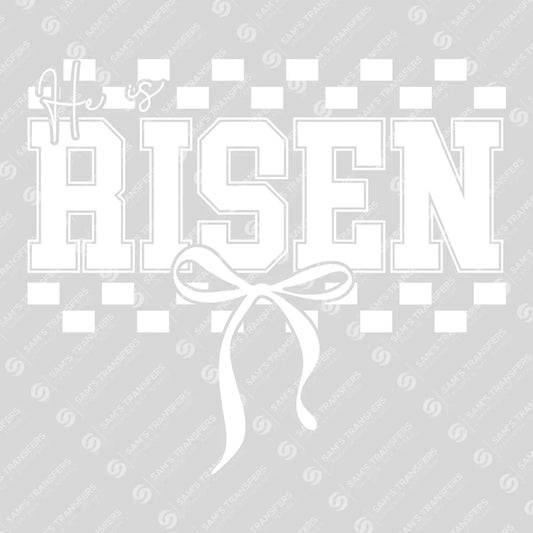 Apparel featuring a He Is Risen Checkered-themed DTF transfer.