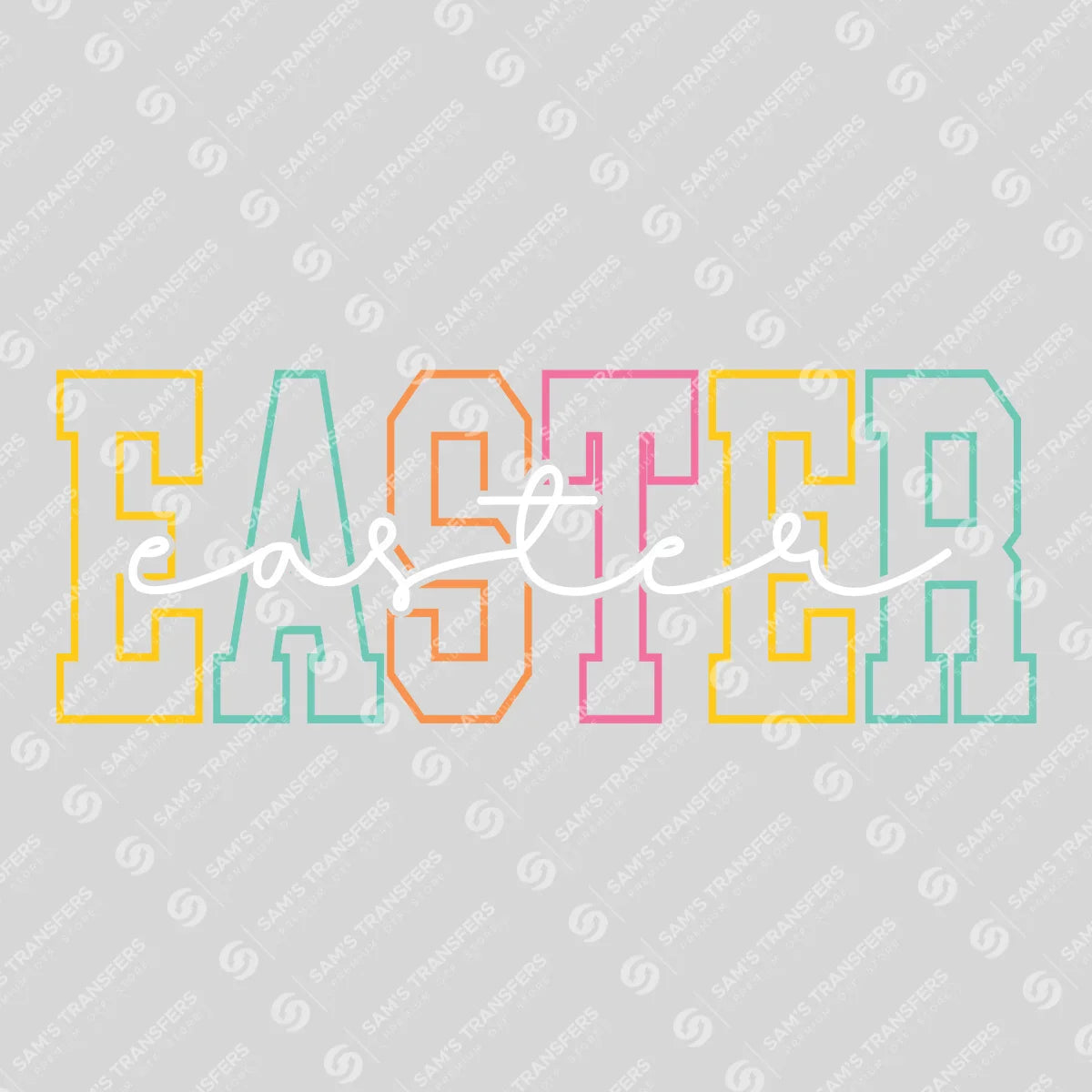 Apparel featuring a Easter Varsity White-themed DTF transfer.