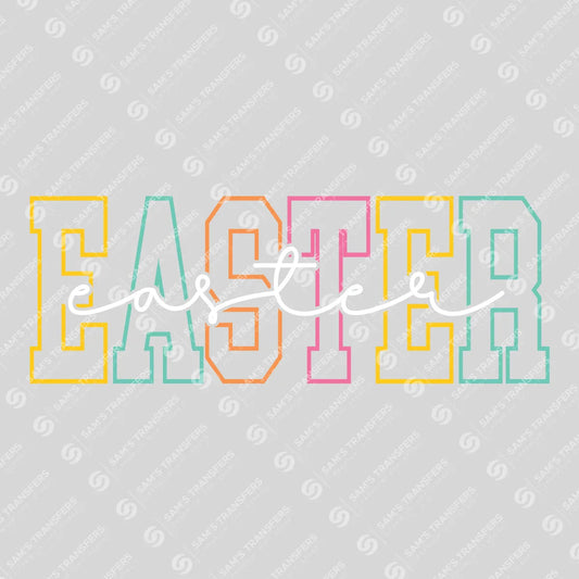Apparel featuring a Easter Varsity White-themed DTF transfer.