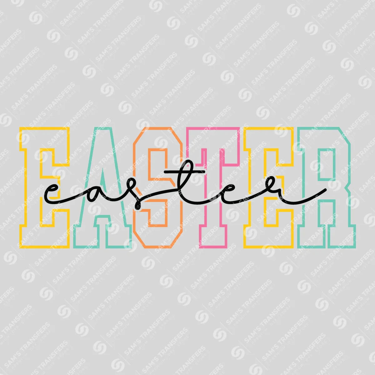 Apparel featuring a Easter Varsity Black-themed DTF transfer.