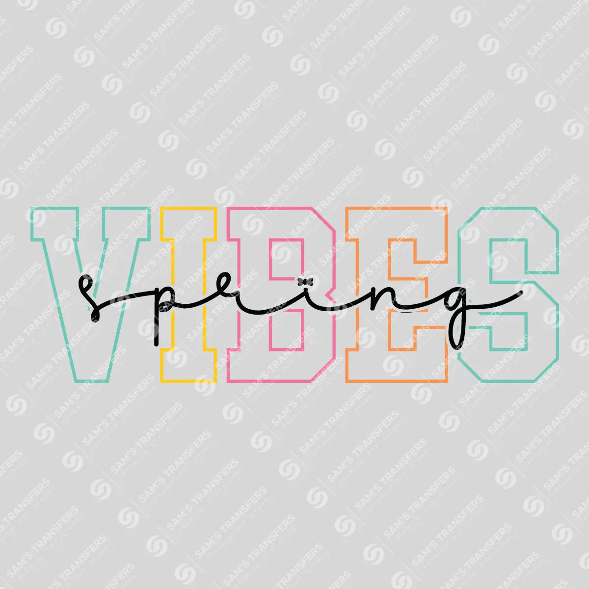 Apparel featuring a Spring Vibes Varsity-themed DTF transfer.