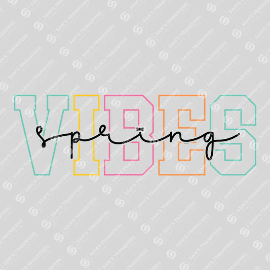 Apparel featuring a Spring Vibes Varsity-themed DTF transfer.