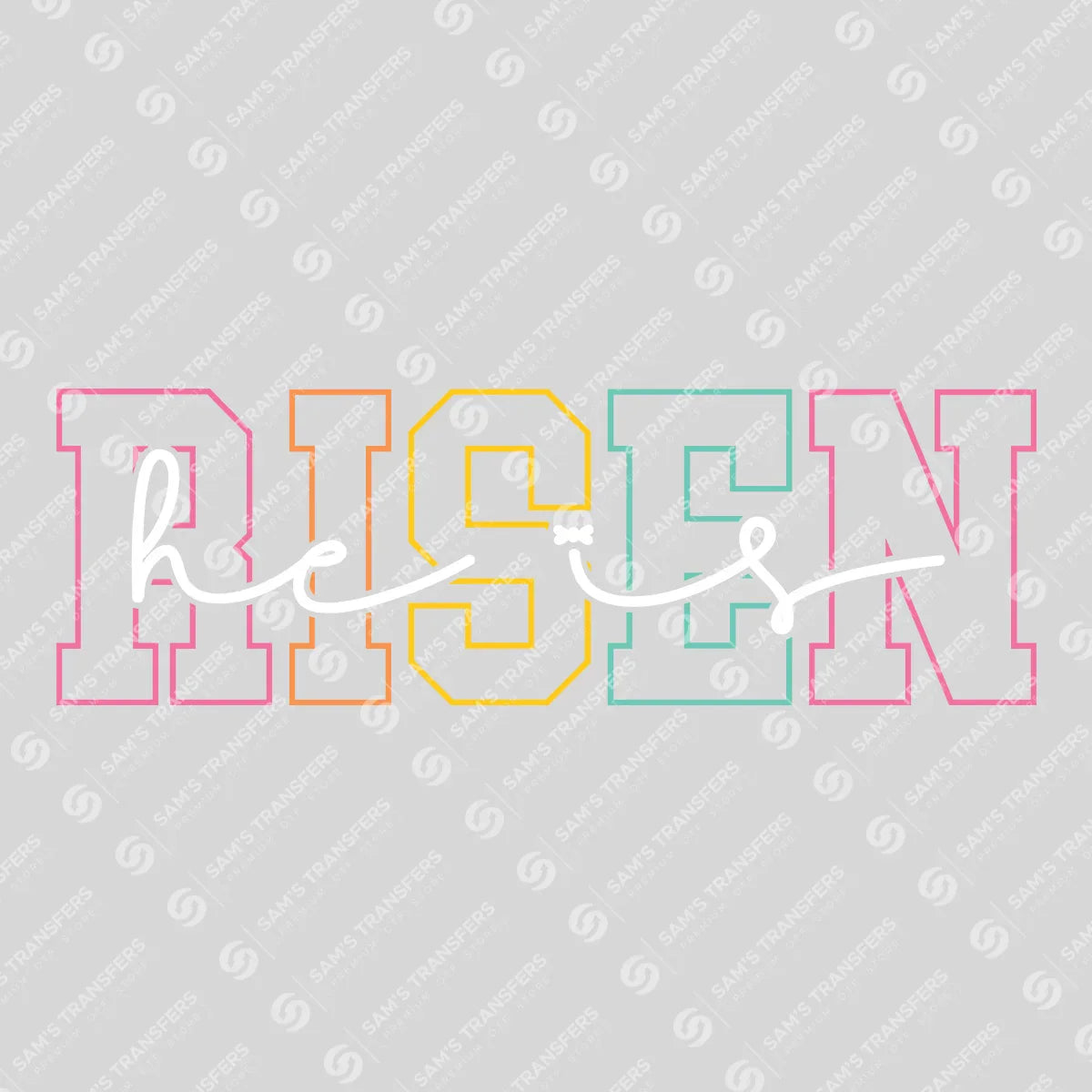 Apparel featuring a He Is Risen Varsity-themed DTF transfer.