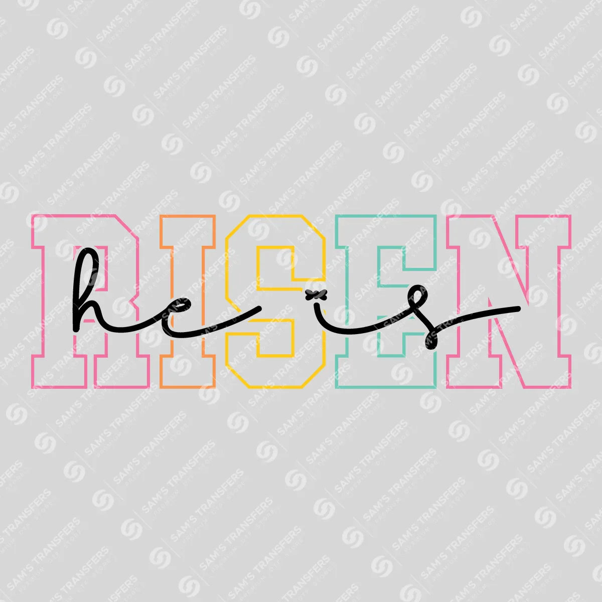 Apparel featuring a He Is Risen Varsity Black-themed DTF transfer.
