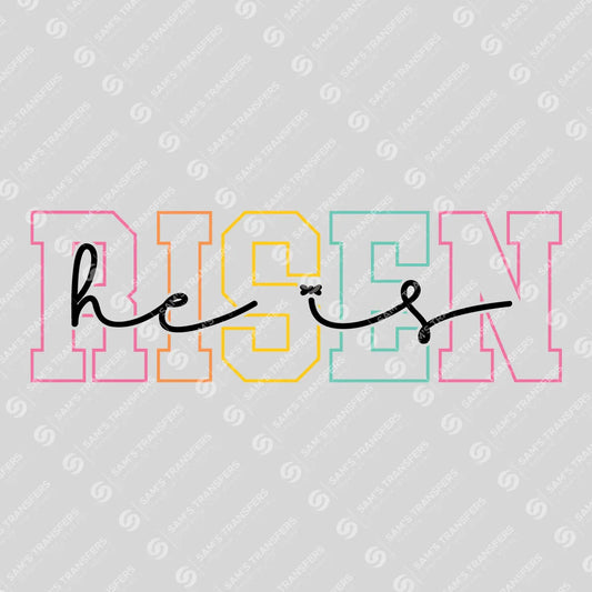 Apparel featuring a He Is Risen Varsity Black-themed DTF transfer.