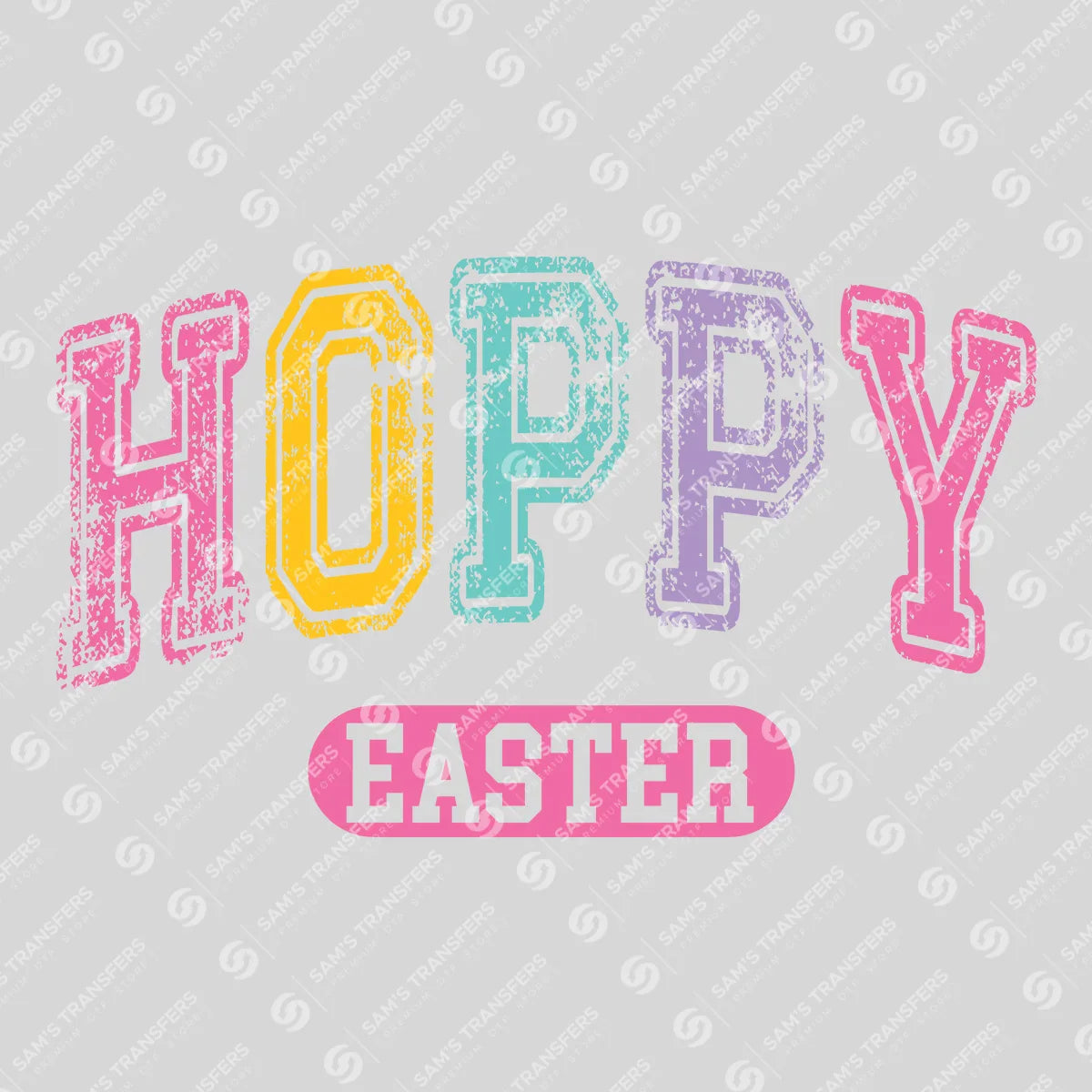 Apparel featuring a Hoppy Easter Varsity-themed DTF transfer.