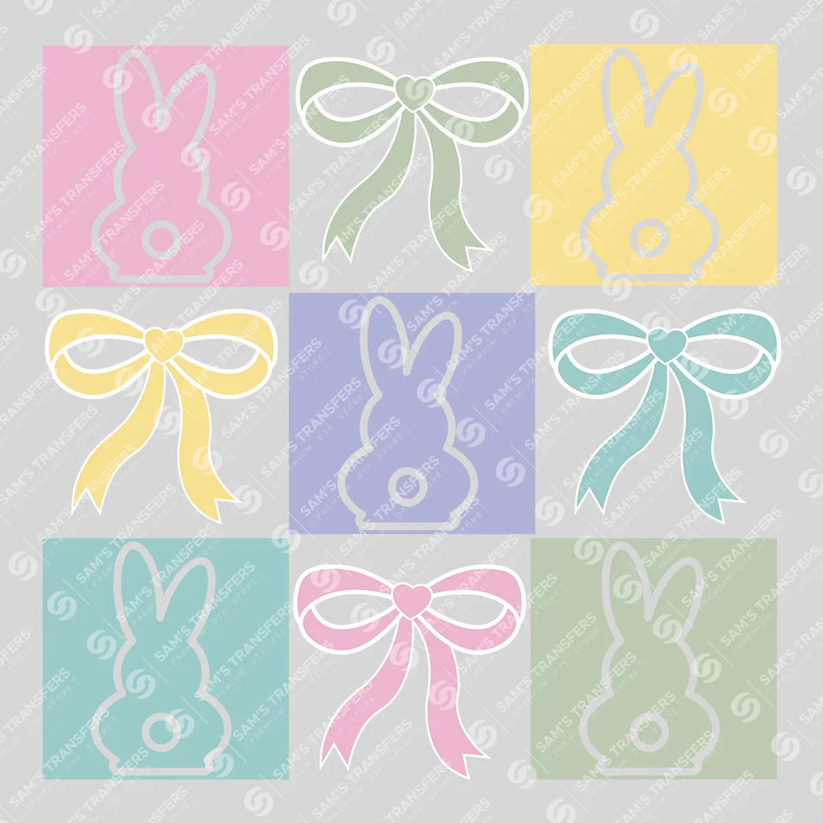 Apparel featuring a Easter Bunny Bow Grid-themed DTF transfer.