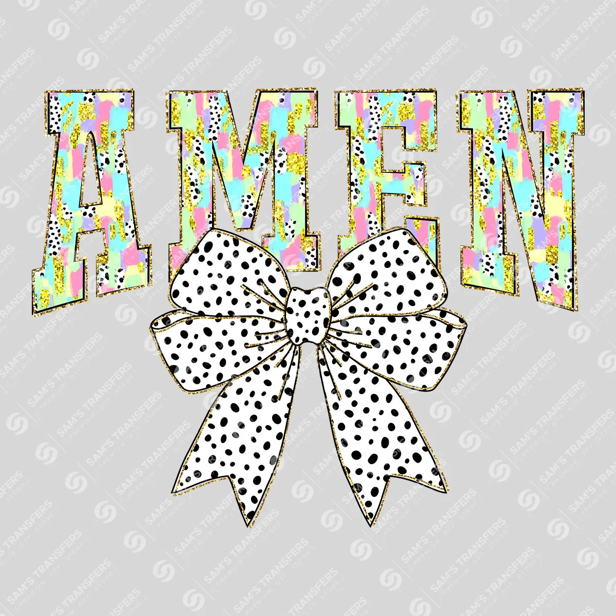 Apparel featuring a Amen Dalmatian Bow-themed DTF transfer.