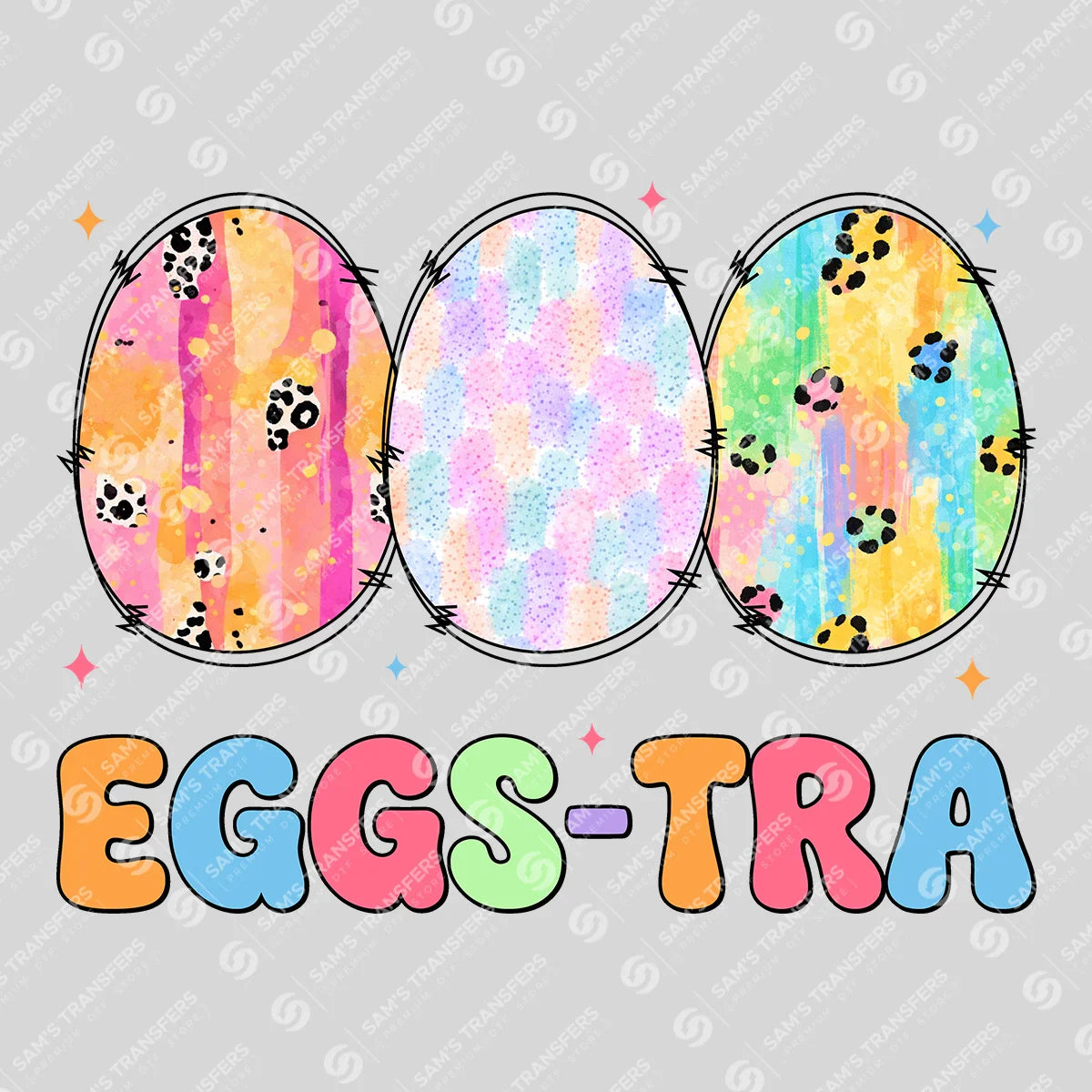 Apparel featuring a Eggs-Tra-themed DTF transfer.
