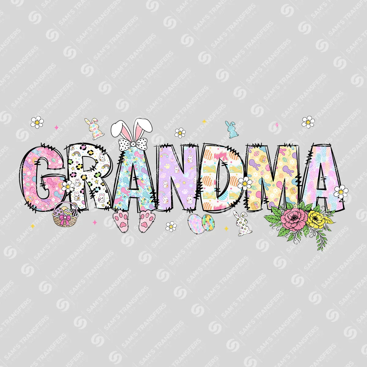 Apparel featuring a Grandma Bunny-themed DTF transfer.