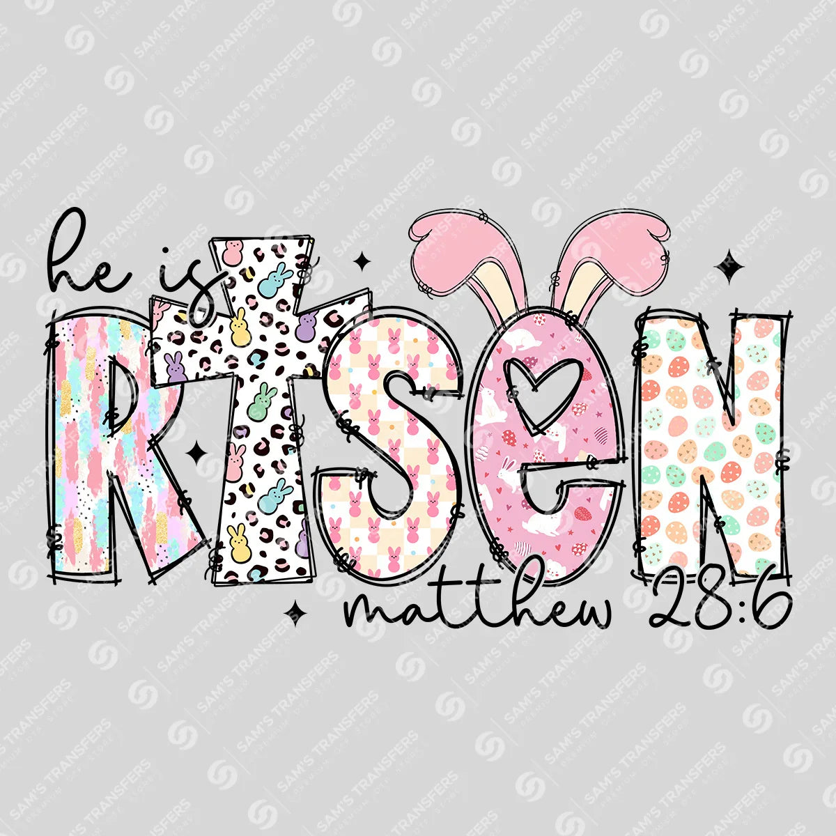 Apparel featuring a He Is Risen Pastel-themed DTF transfer.