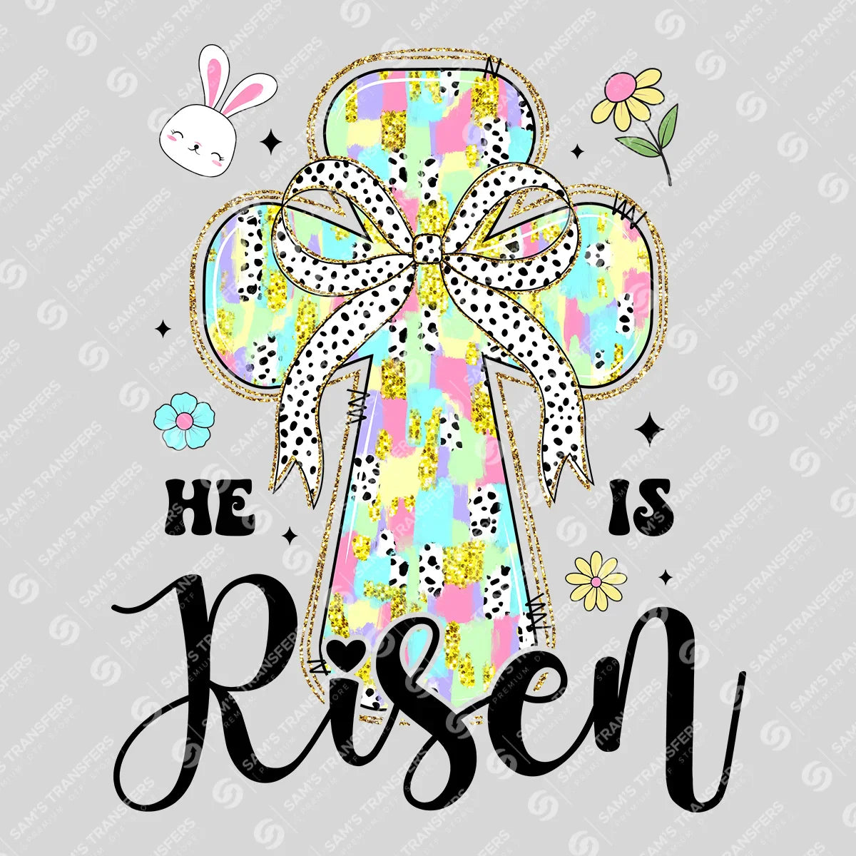 Apparel featuring a He Is Risen Cross-themed DTF transfer.