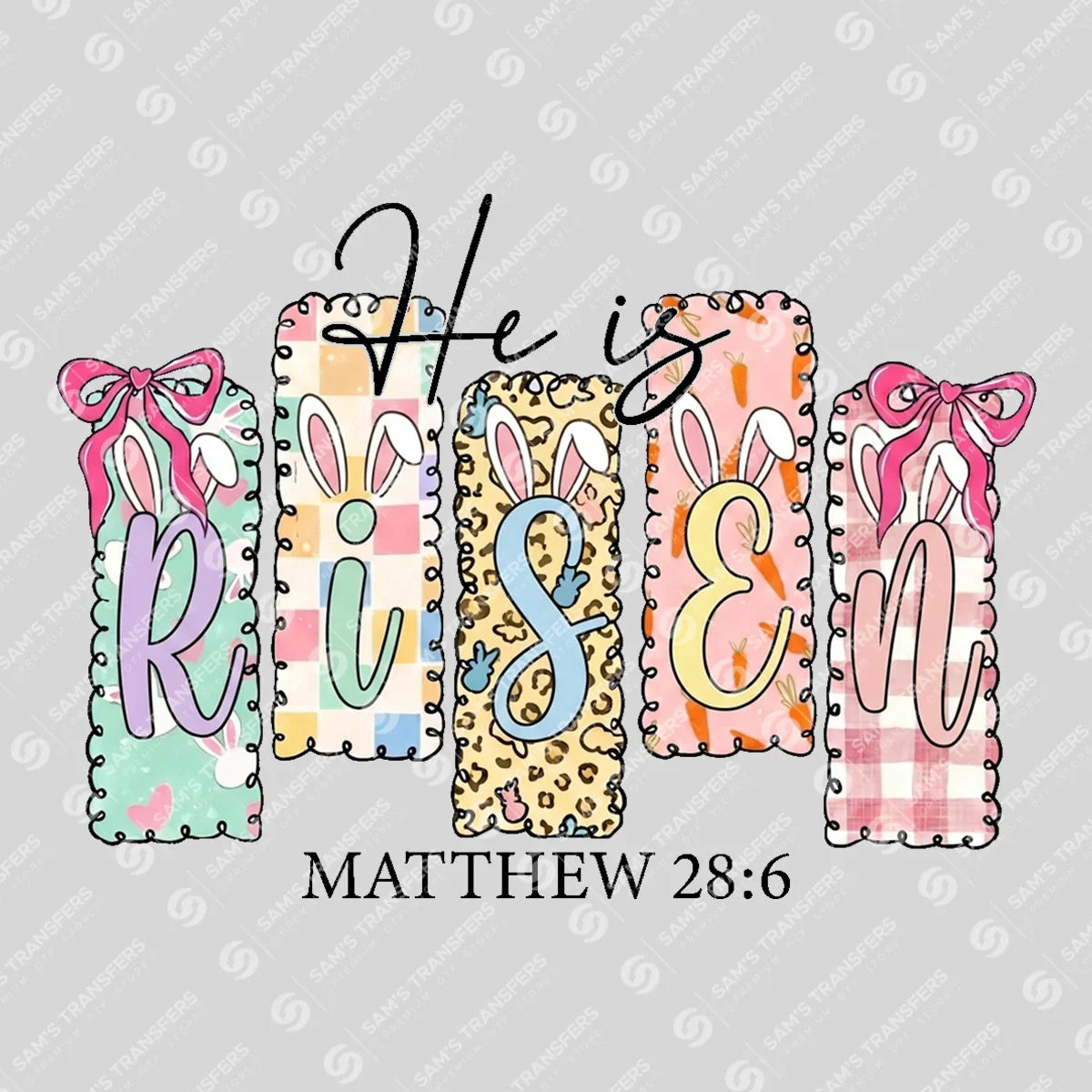 Apparel featuring a He Is Risen Planks-themed DTF transfer.