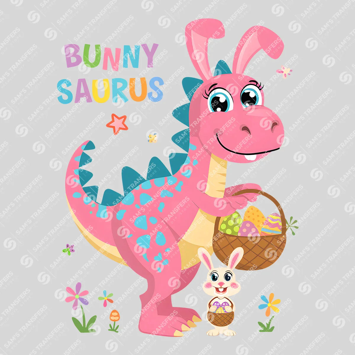 Apparel featuring a Bunny Saurus-themed DTF transfer.