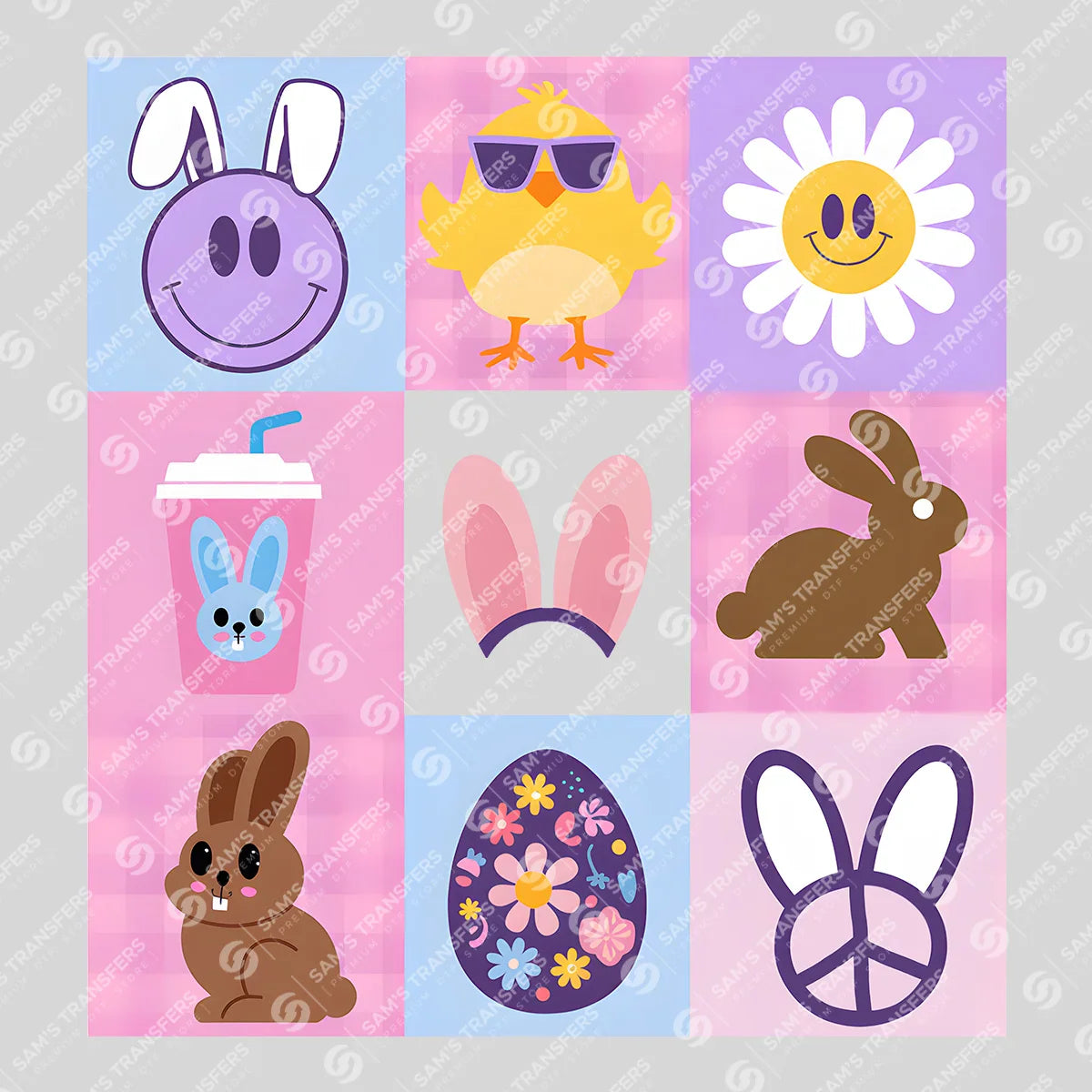 Apparel featuring a Easter Icons Grid-themed DTF transfer.