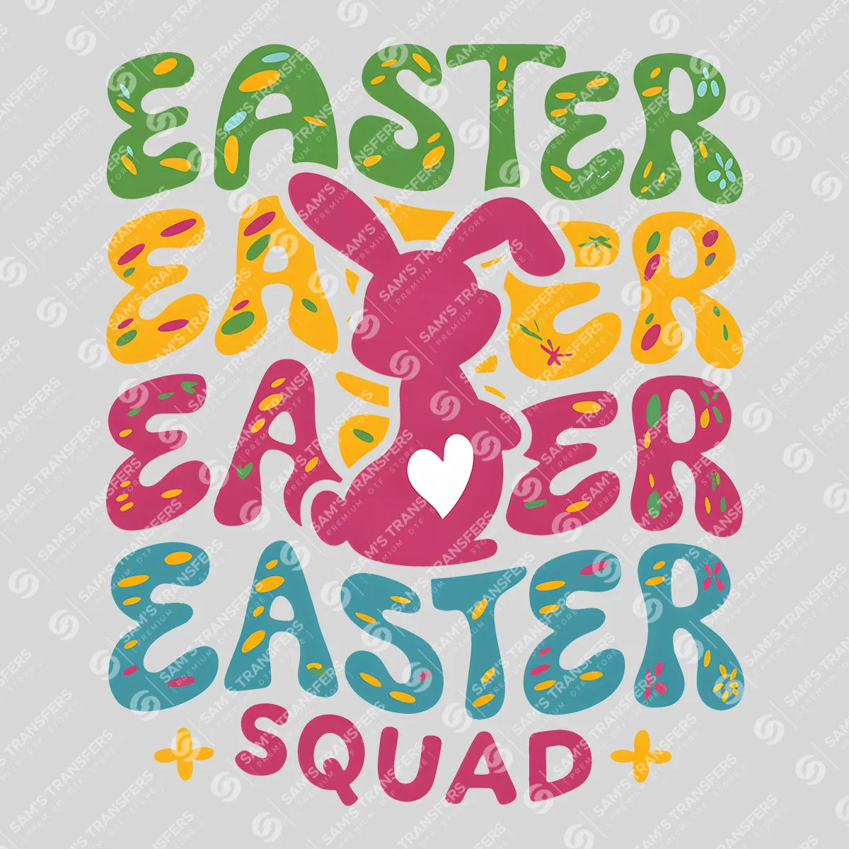 Apparel featuring a Easter Squad-themed DTF transfer.