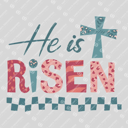 Apparel featuring a He Is Risen Leopard-themed DTF transfer.