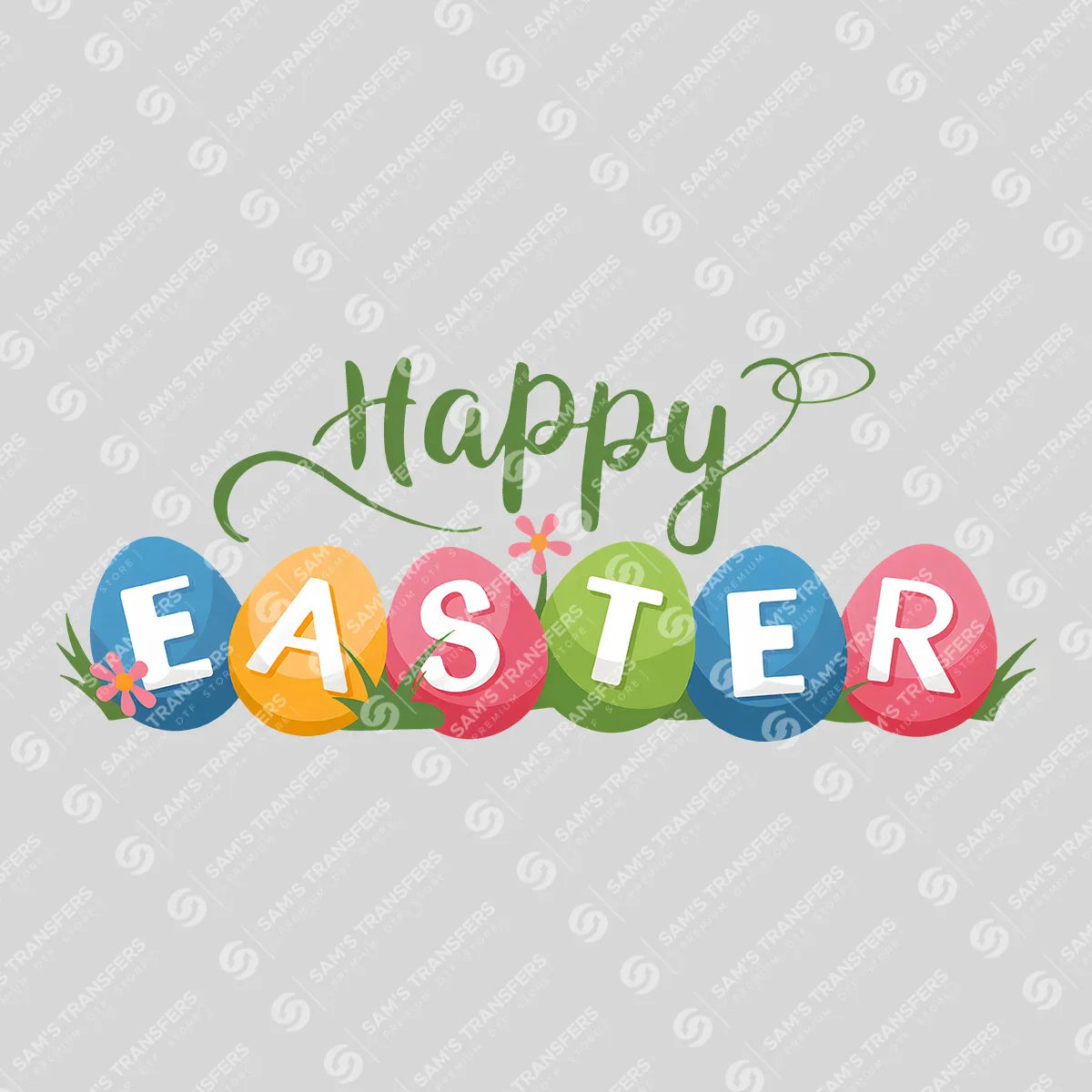Apparel featuring a Happy Easter Eggs-themed DTF transfer.