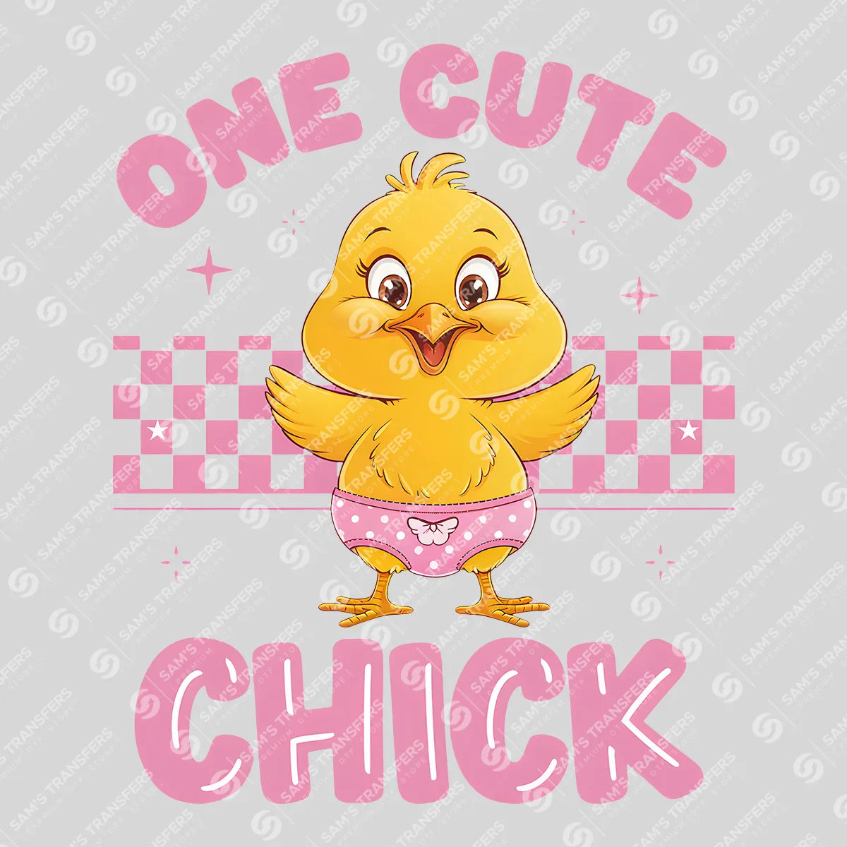 Apparel featuring a One Cute Chick Pink-themed DTF transfer.