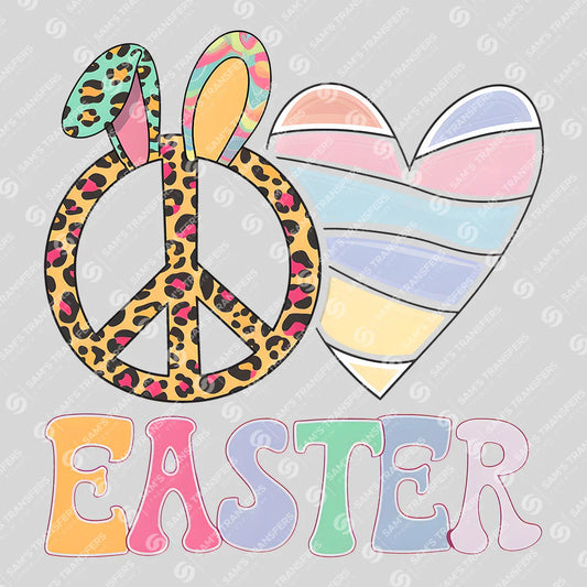 Apparel featuring a Peace Love Easter-themed DTF transfer.