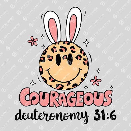Apparel featuring a Courageous Deuteronomy 31-themed DTF transfer.