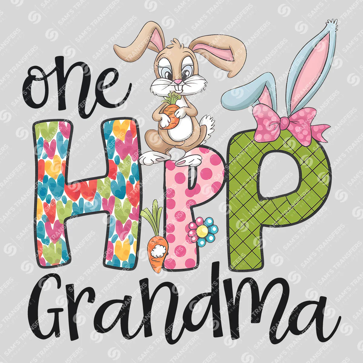 Apparel featuring a One Hip Grandma-themed DTF transfer.