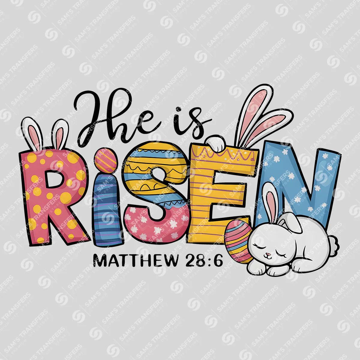 Apparel featuring a He Is Risen Eggs-themed DTF transfer.