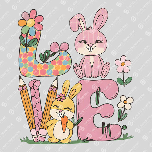 Apparel featuring a Love Bunnies Pencils-themed DTF transfer.