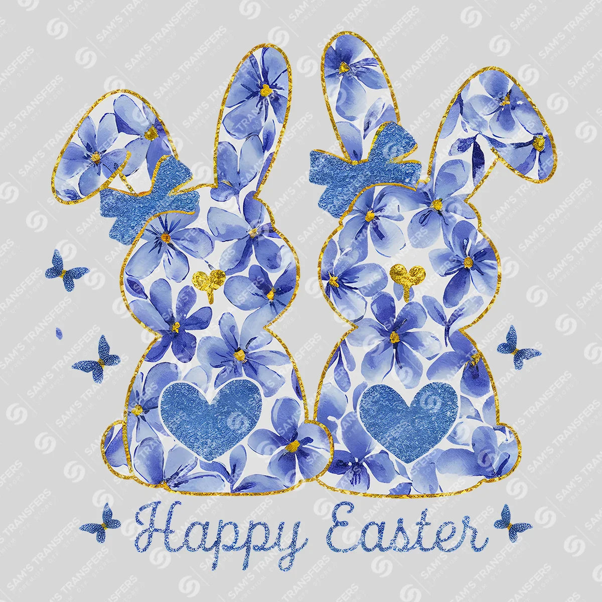 Apparel featuring a Happy Easter Blue Bunnies-themed DTF transfer.
