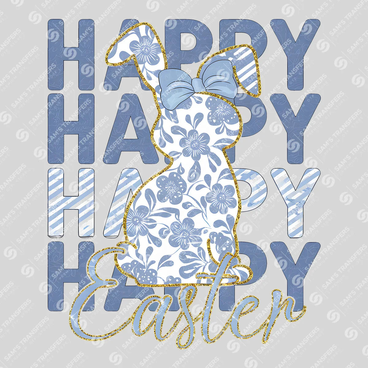 Apparel featuring a Happy Easter Blue Bunny Echo-themed DTF transfer.